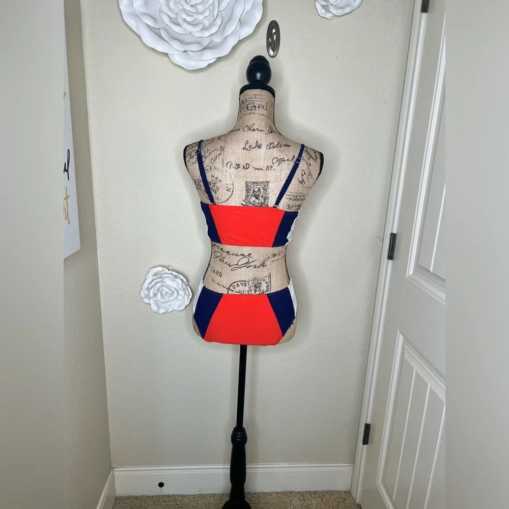 Cupshe Colorblock Bikini Set Orange Blue White Mid Rise Swim Size M - Picture 8 of 16